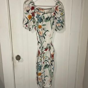Loft, linen, square neck, midi-dress, tie waist, puffy sleeves, floral print